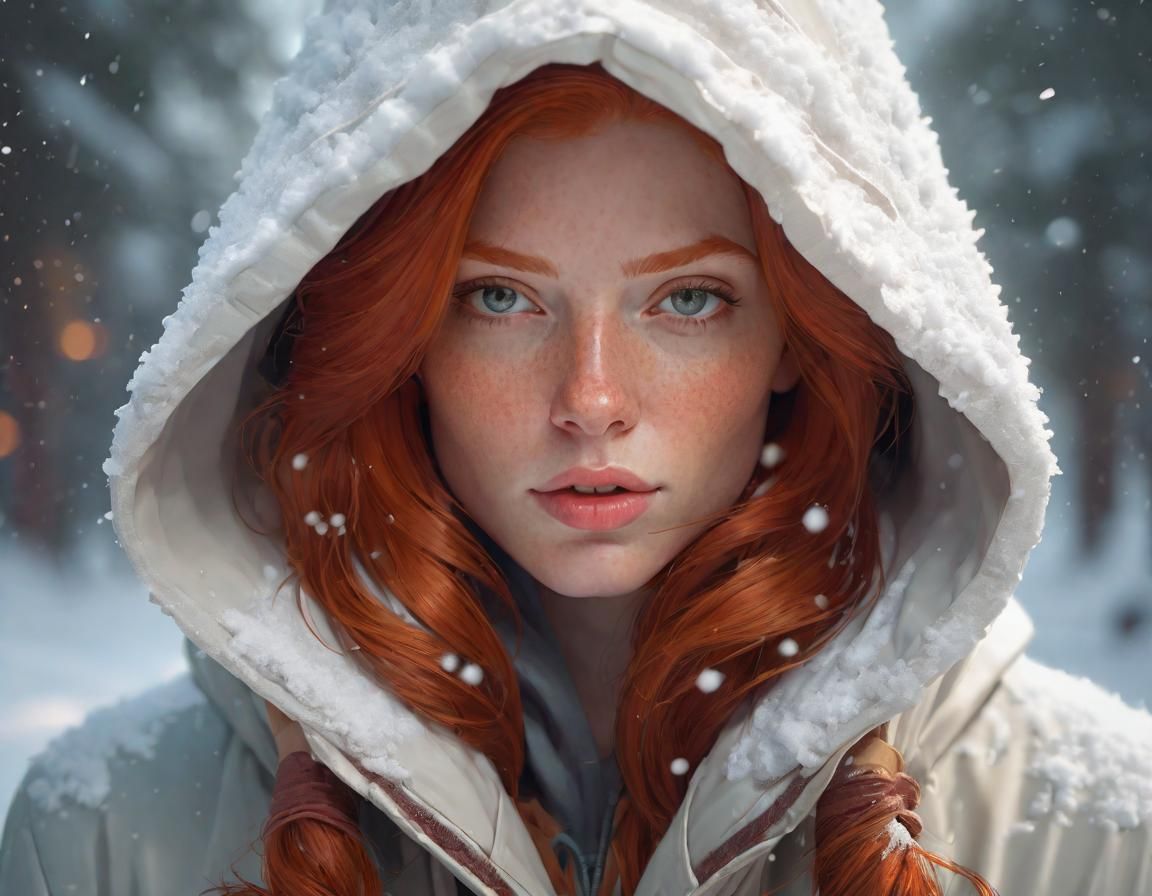 Snow Hooded Redhead Portrait in Art Nouveau Style