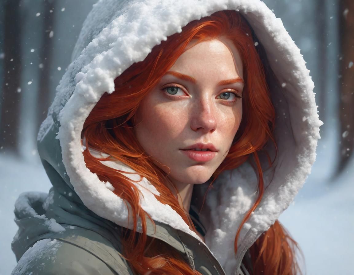 Snow Hooded Redhead Portrait in Hyperdetailed Style