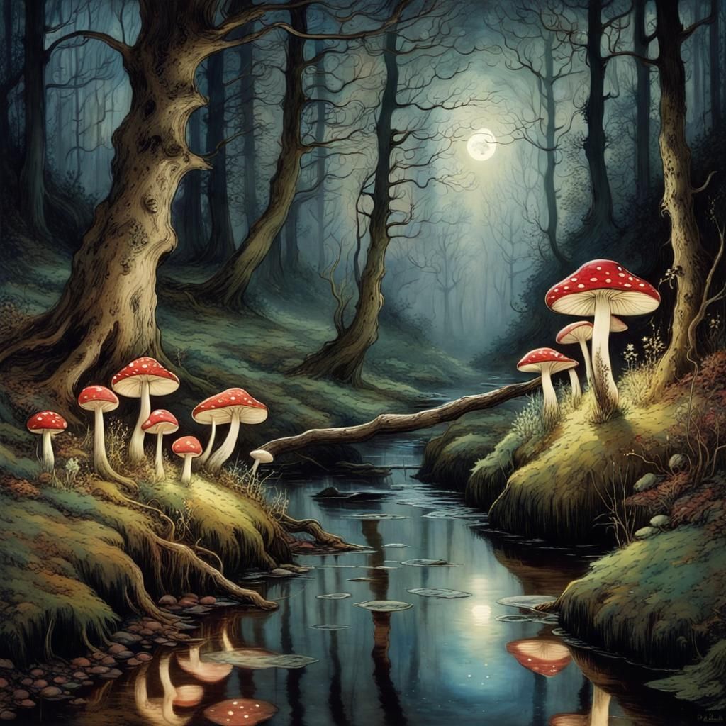 Enchanted Woodland With Luminous Toadstools