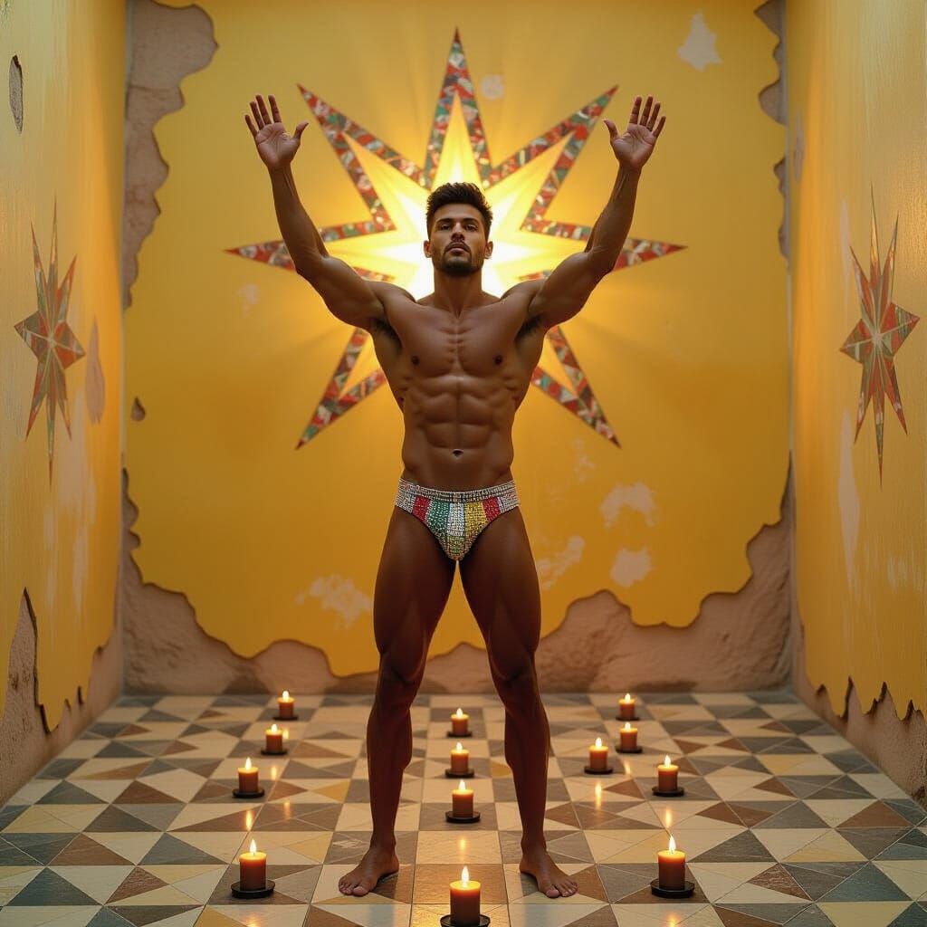 Muscular Man in Diamond Thong Amidst Geometric Symbols