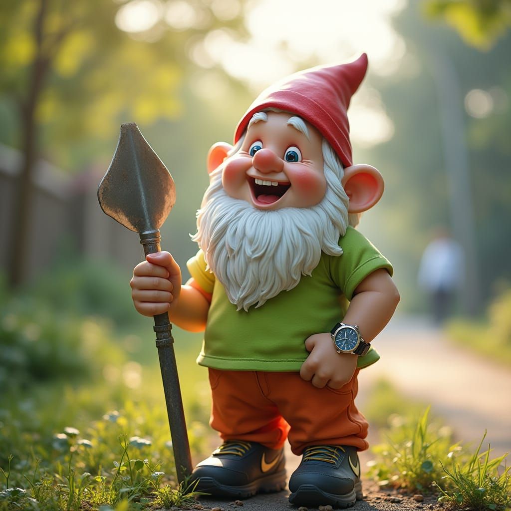 Smiling Garden Gnome with Tools in Double Exposure