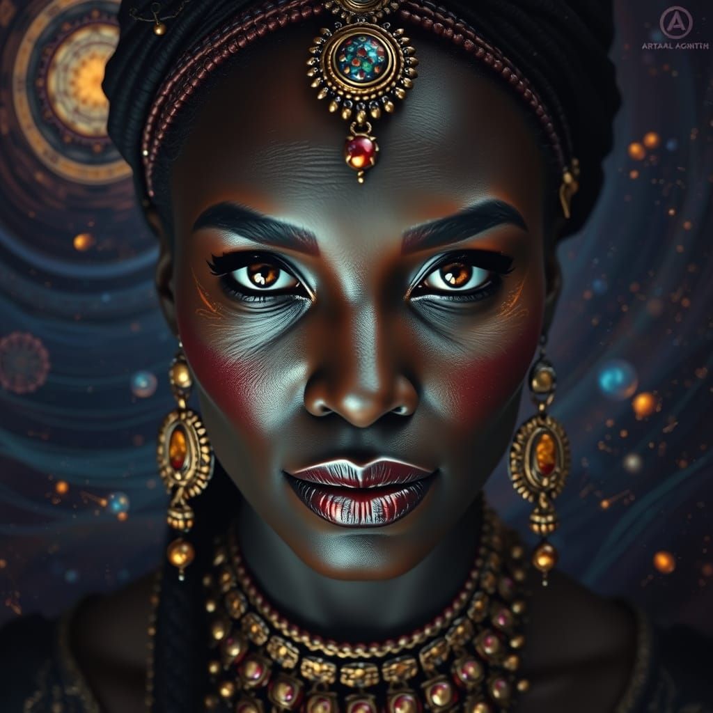 Mystical Black Goddess with Tribal Accents and Cosmic Energy