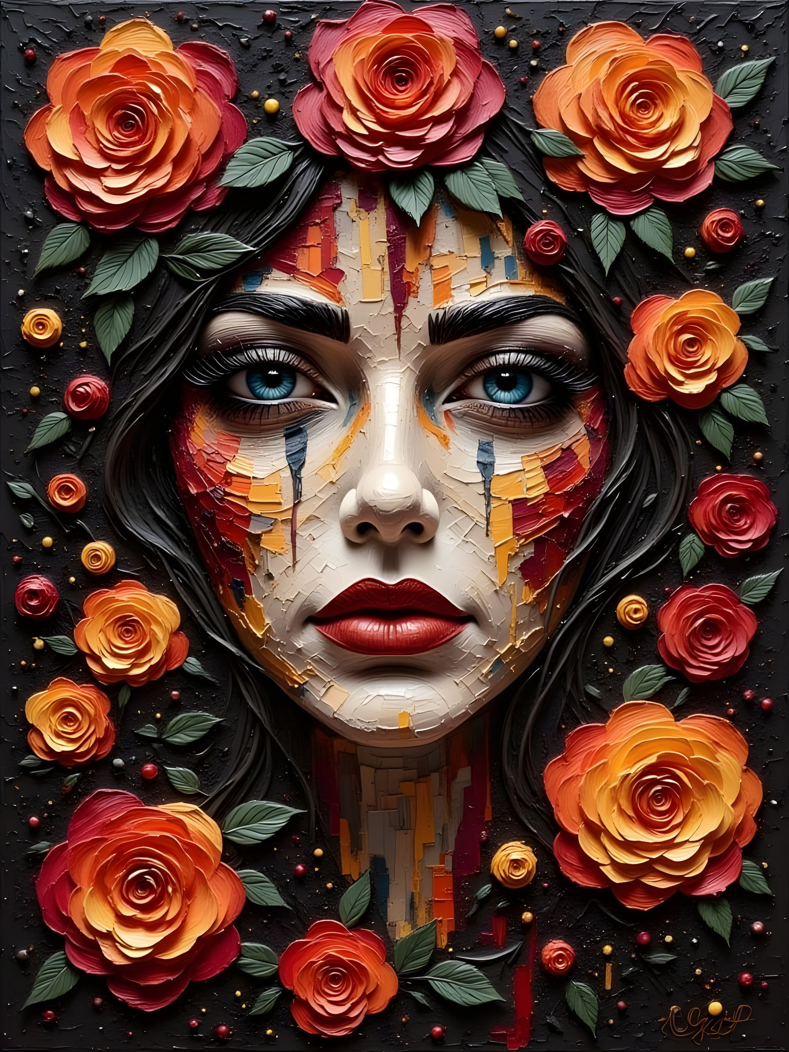 Photorealistic Portrait with Impasto Texture and Roses