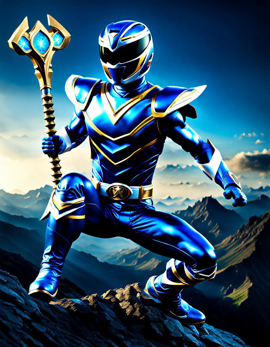 Blue Power Ranger Leaping with Energy Staff
