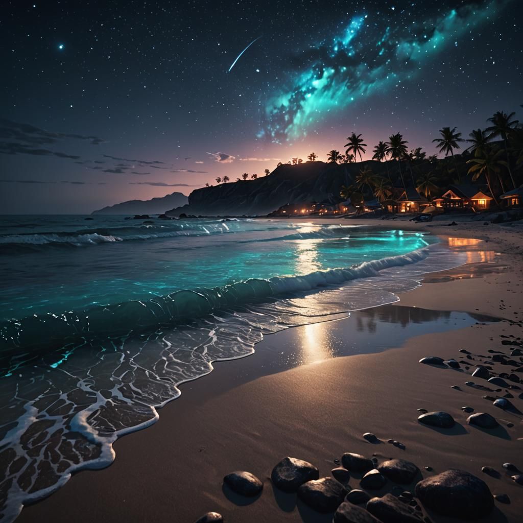 Bioluminescent Beach at Night: Fantasy Concept Art