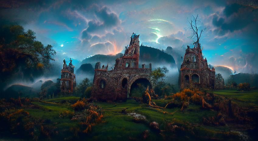 Sinister Haunted Castle Landscape in Romanticism Style