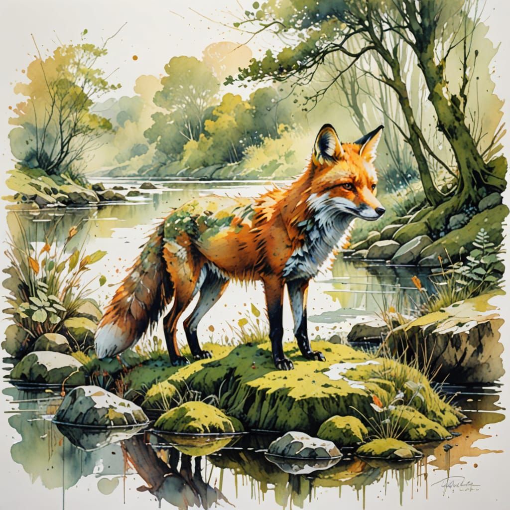 A Sunlit Riverbank Scene in Whimsical Watercolour Style