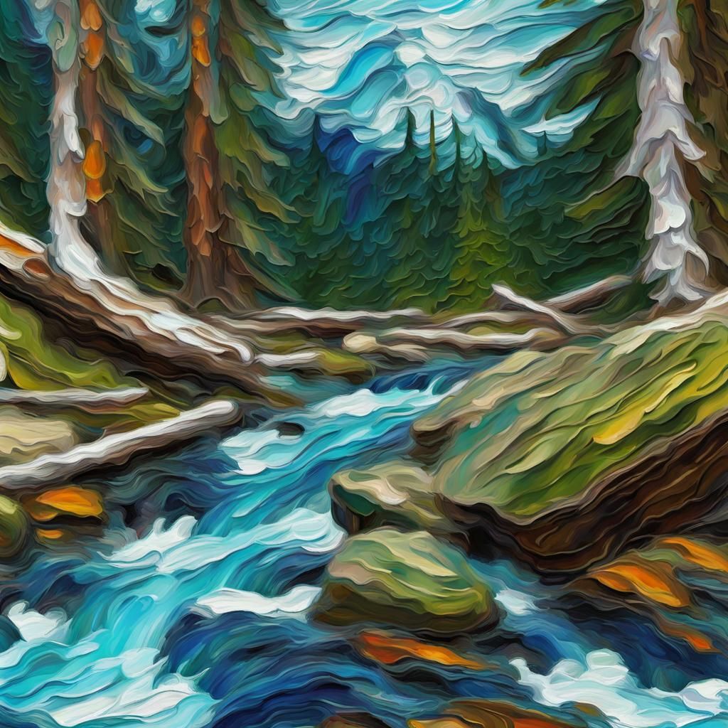 Blue Spruce Forest and Mountain Stream as Impasto Art