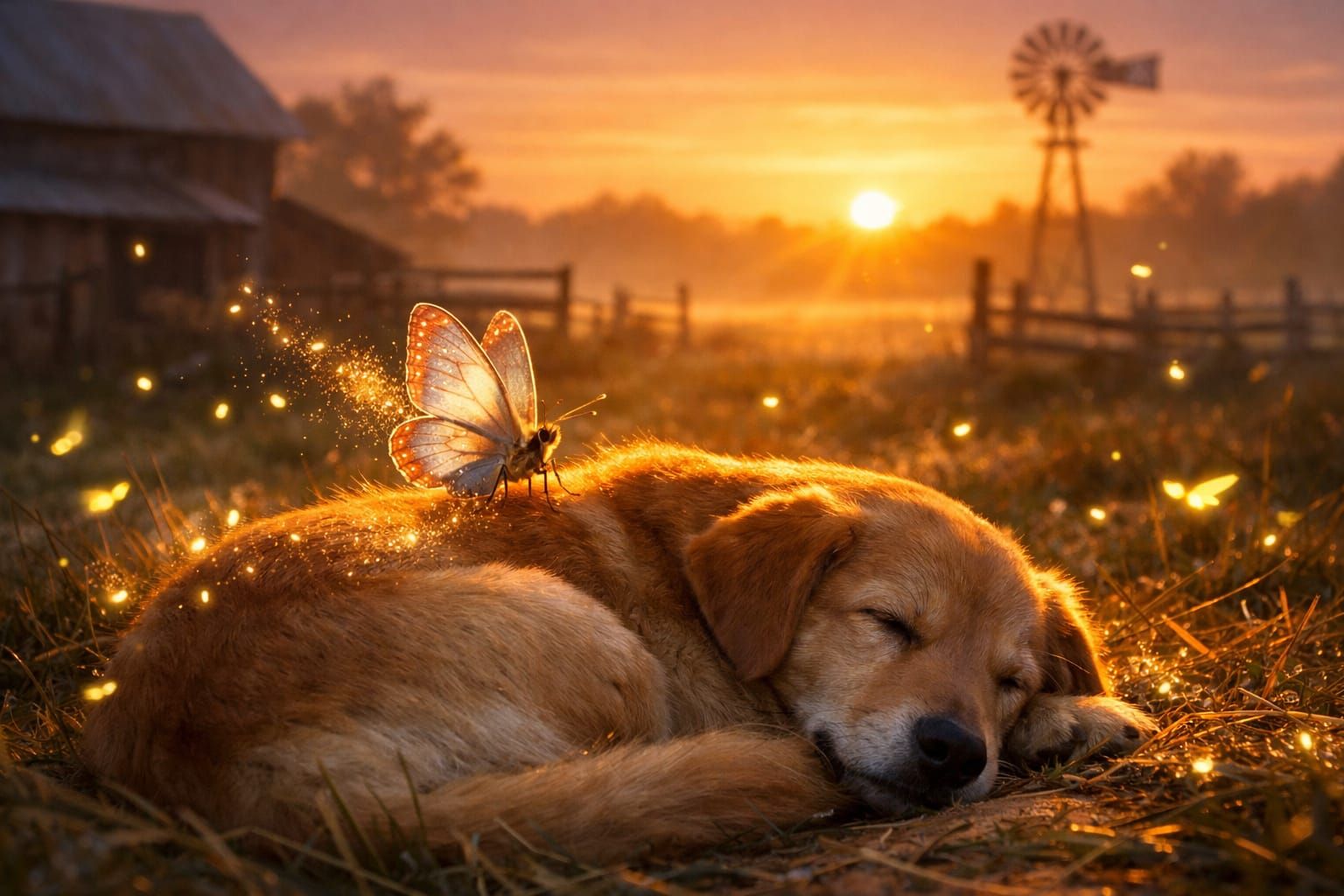 Sunrise Butterfly on Dog in Farmyard with Fireflies