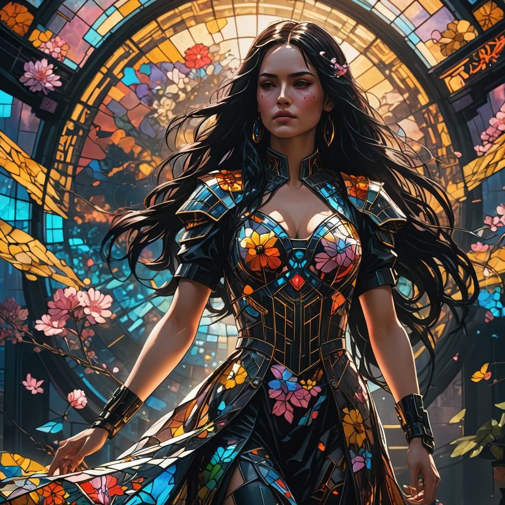 Stained Glass Woman in Cyberpunk Setting