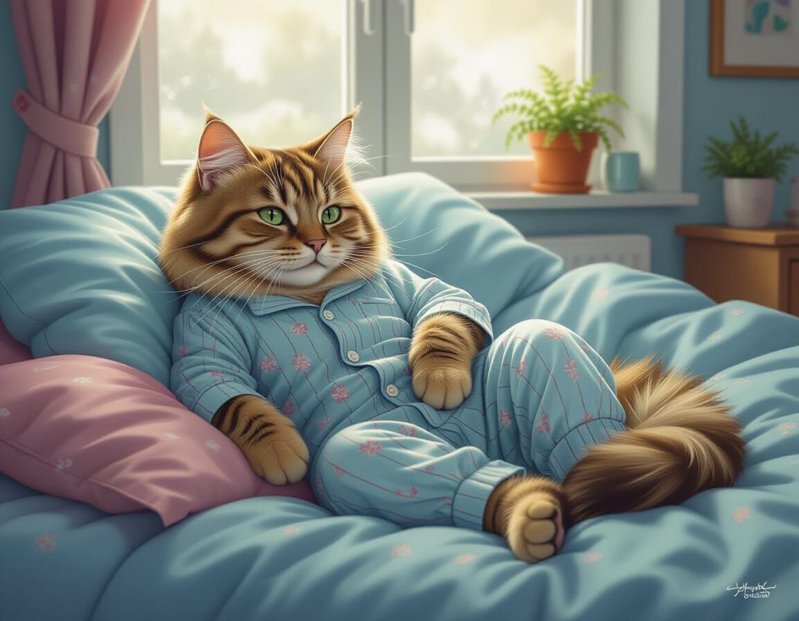 Cute Cat in Pajamas Lounging in Bed