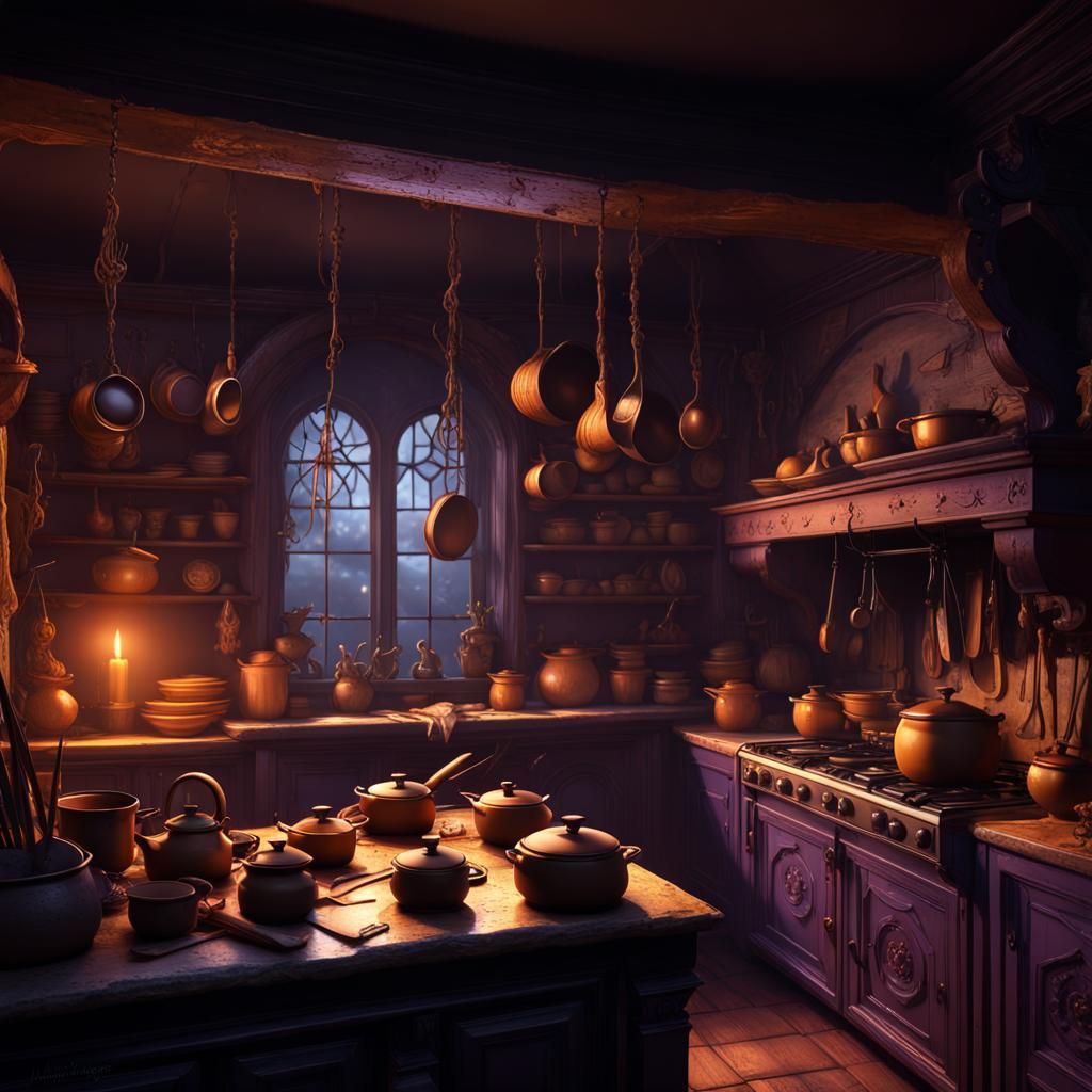 Witch's Kitchen with Face Pots: Dark Fantasy Art