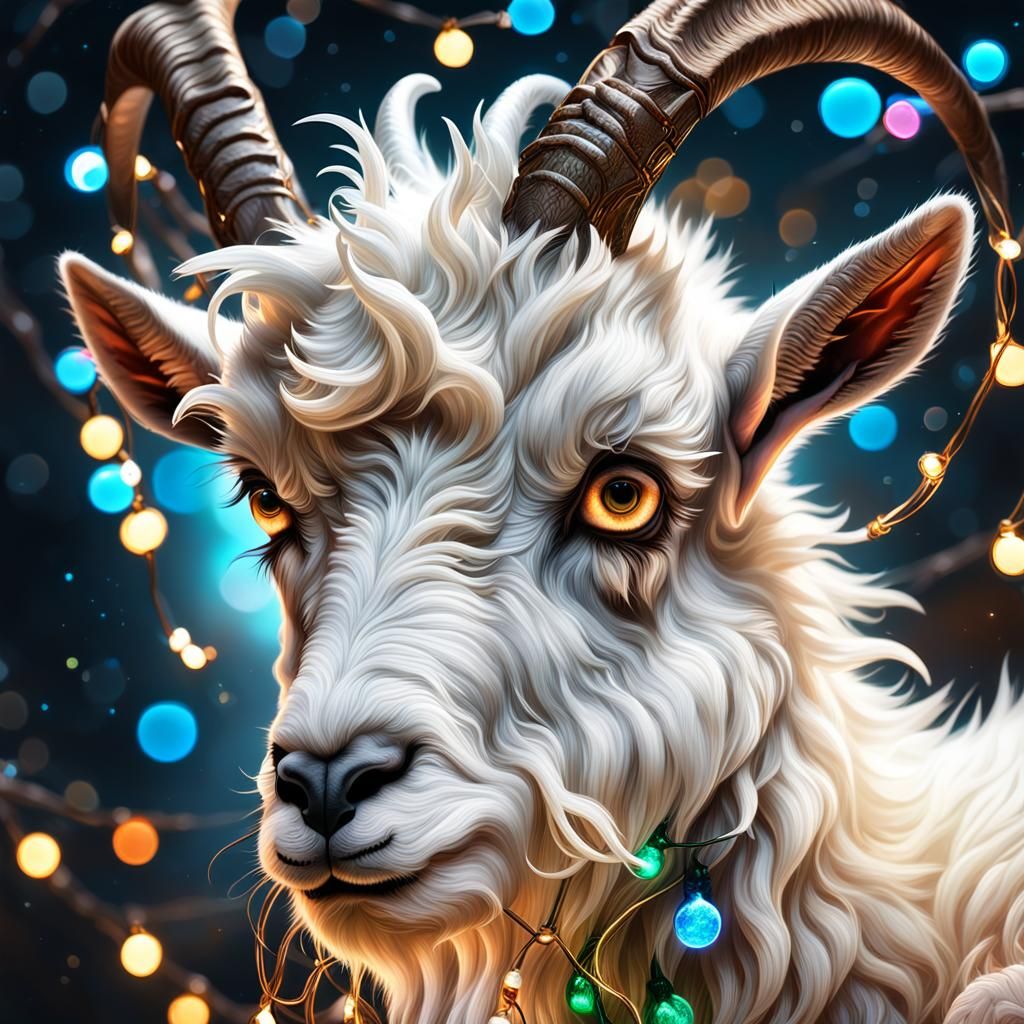 Festive Billy Goat Portrait with Christmas Lights