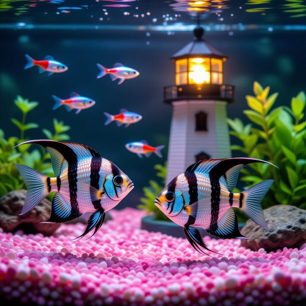 Angelfish Aquarium with Lighthouse Decoration, Realistic Pho...