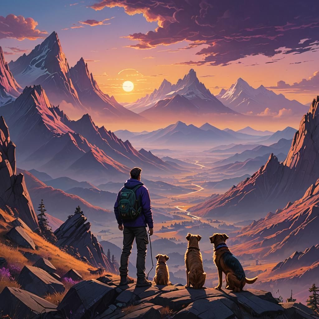 Man and Dog Watch Sunset: Fantasy Matte Painting