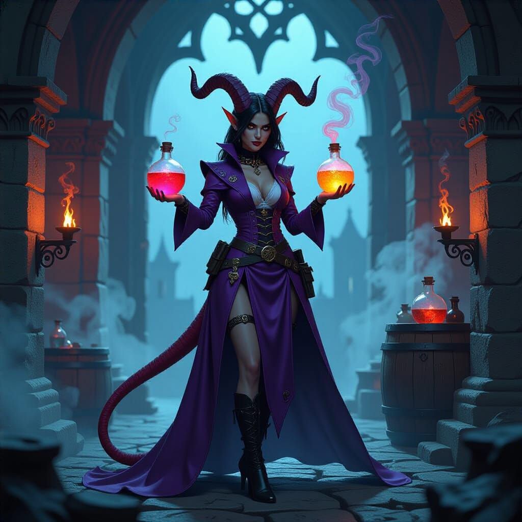 Tiefling Alchemist Mixing Concoctions in Gothic Setting