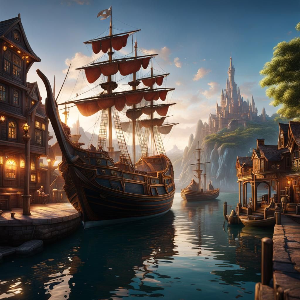 Harbor Scene with Rabbit in Detailed Matte Painting