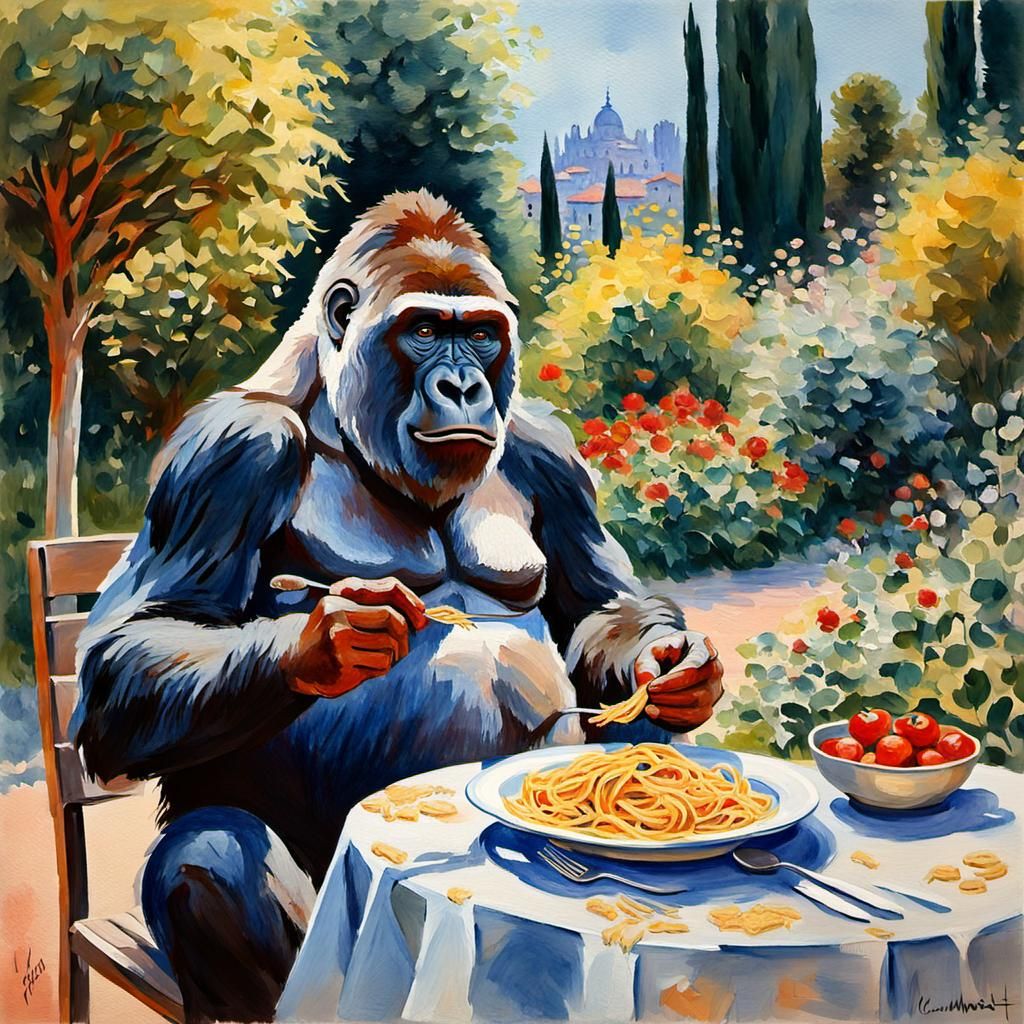 A gorilla eating spaghetti