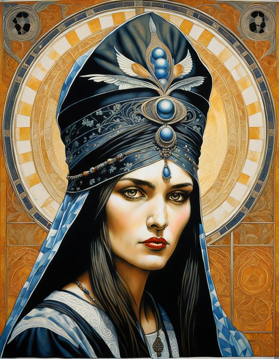 Beautiful Priestess Portrait in Art Nouveau Style