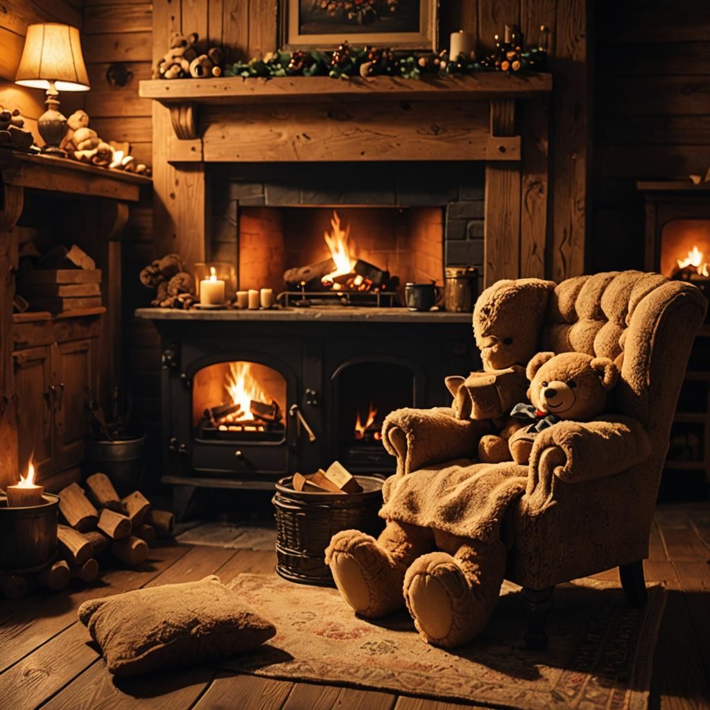 Cozy Teddy Bear Lounging by Fireplace