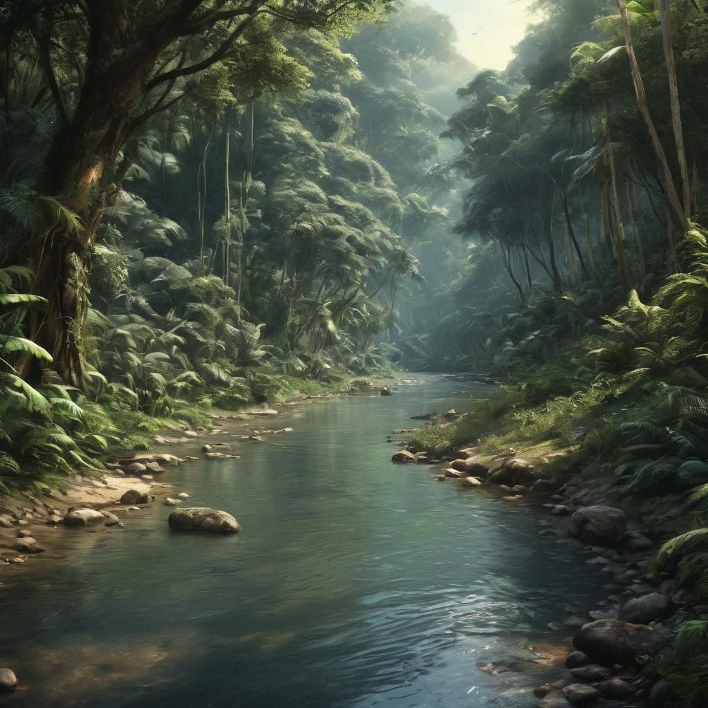 Hyperrealistic Jungle River Landscape: Digital Art