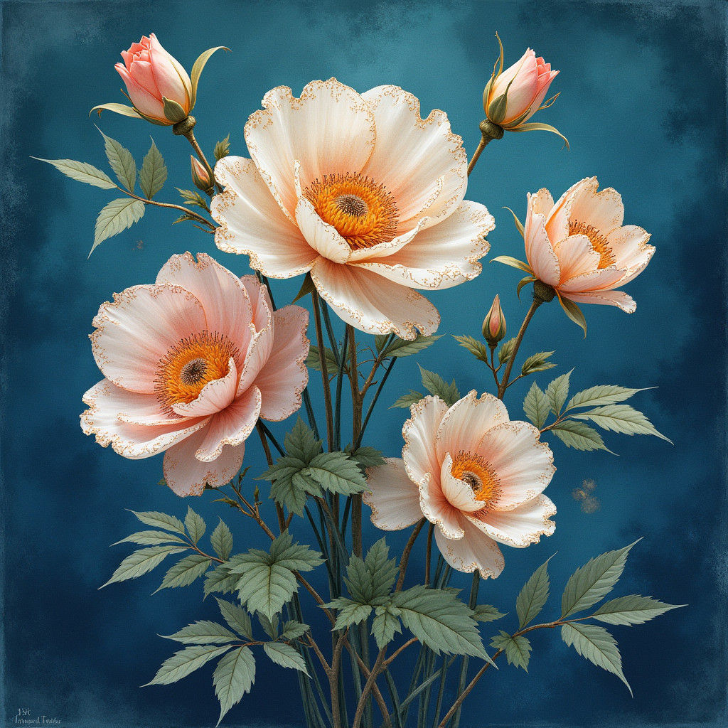 Dreamlike Watercolor Flowers with Golden Filigree Details