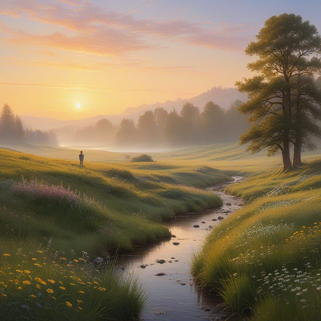 Romantic Meadow Landscape with Wildflowers Painting