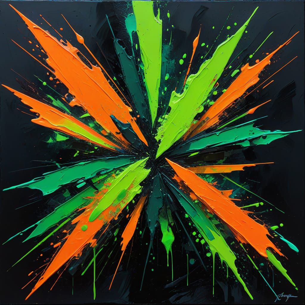 Abstract Oil Painting with Neon Green and Orange
