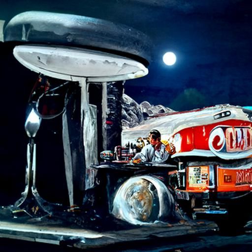 Retro 50s Diner on the Moon as Oil Painting