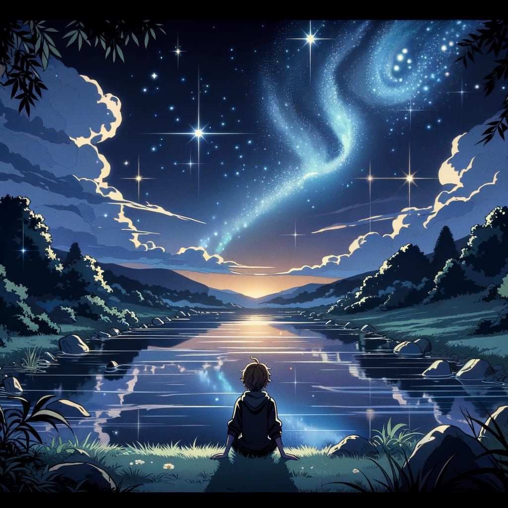 Manga-Inspired Boy Contemplates Starry Night Sky