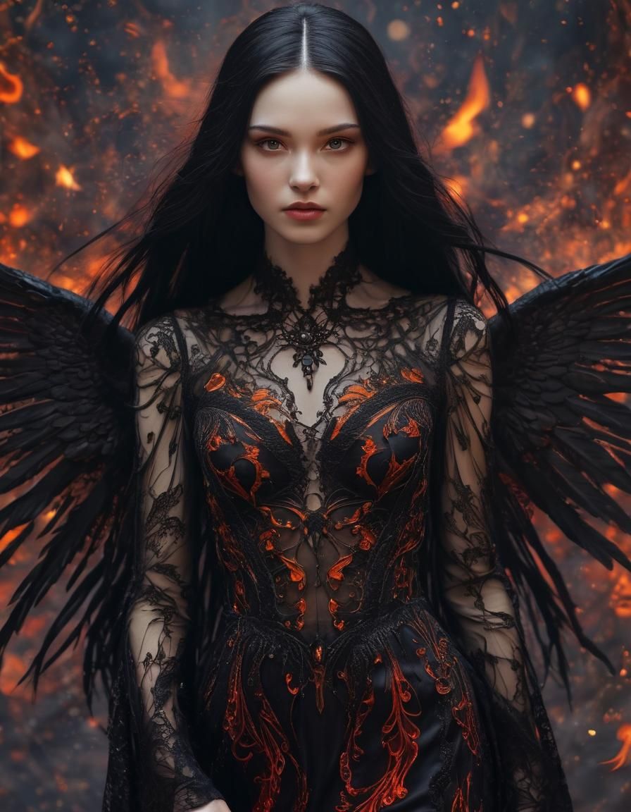 Ethereal Woman with Flame Wings in Space