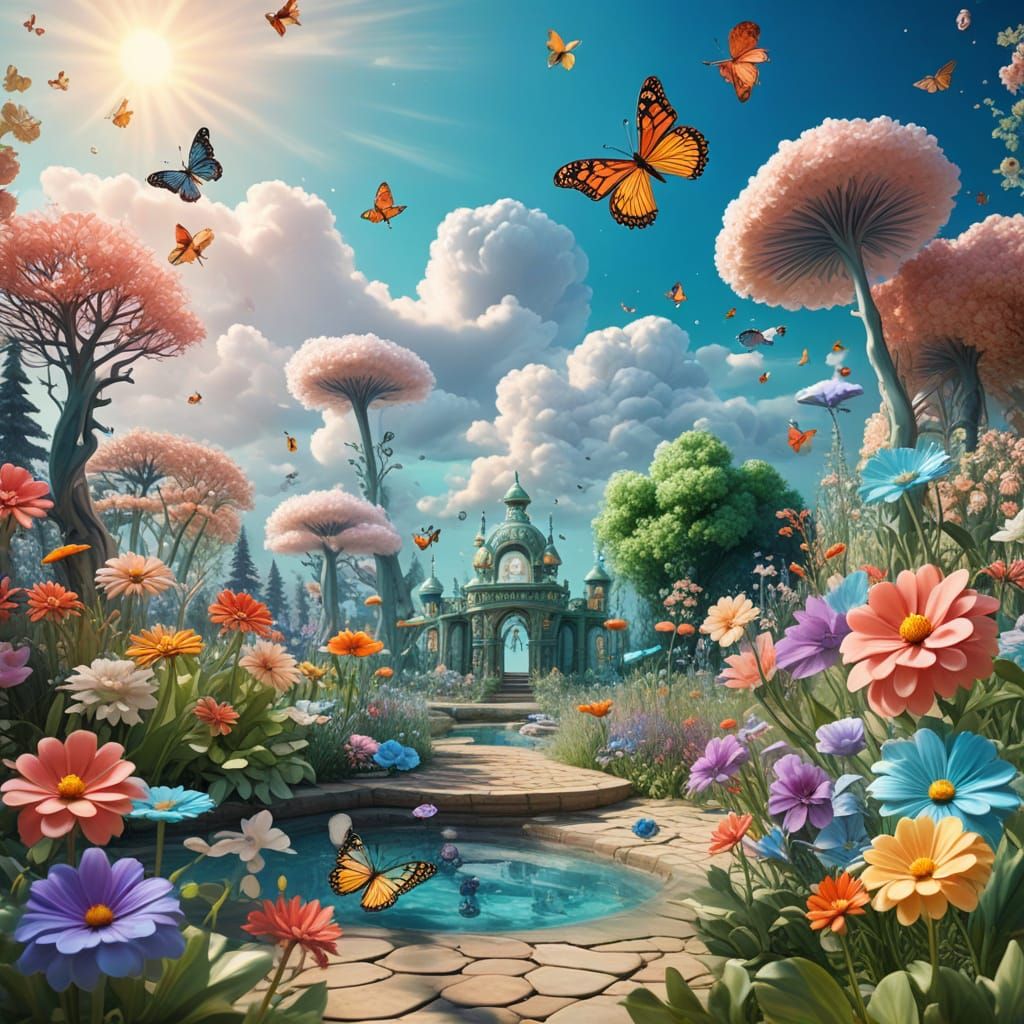 Whimsical Garden with Iridescent Glaze and Splash Ink Art