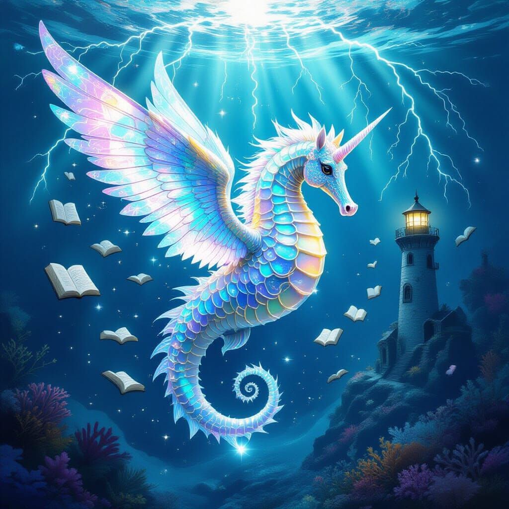 Mythical Seahorse Hybrid with Stellar Mane and Galaxy Wings