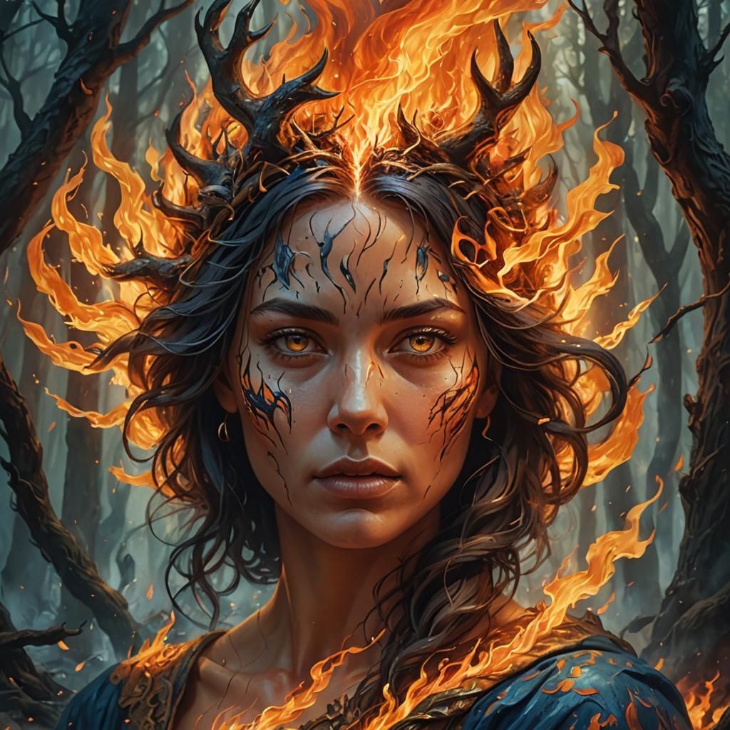 A female head showing a forest fire inside the head with animals detailed matte painting, deep color, fantastical, intri...
