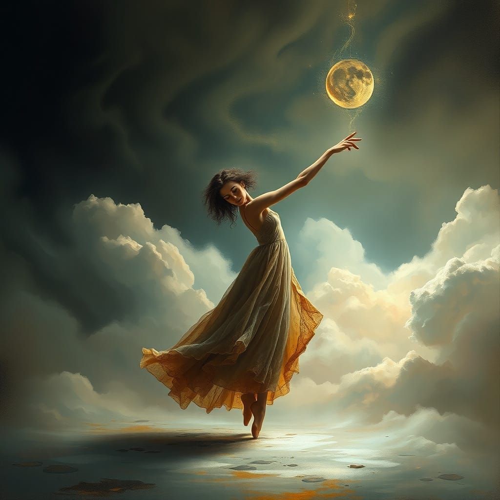 Ethereal Dancer in Dreamscape Clouds, Surreal Oil Painting