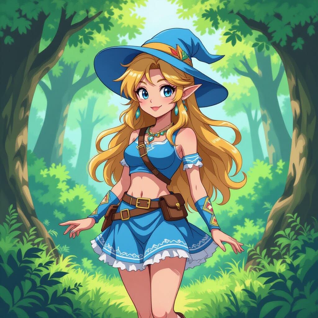 Zelda Girl in Hyrule Forest: Cel-Shaded Watercolor