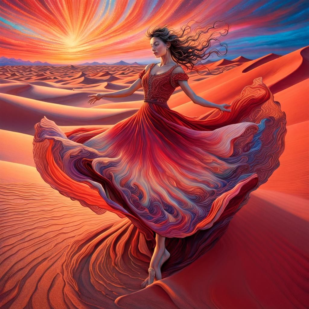 Dancer in Red Desert at Sunset: Photorealistic Masterpiece