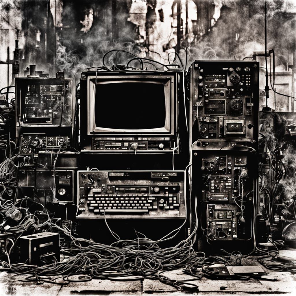 Dystopian Industrial Gallery with ENIAC in Graffiti Style