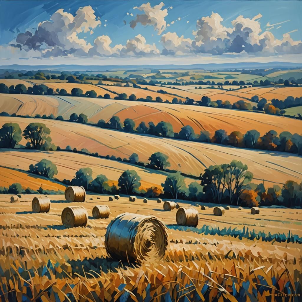 Autumn Hay Bales: Abstract Oil Painting