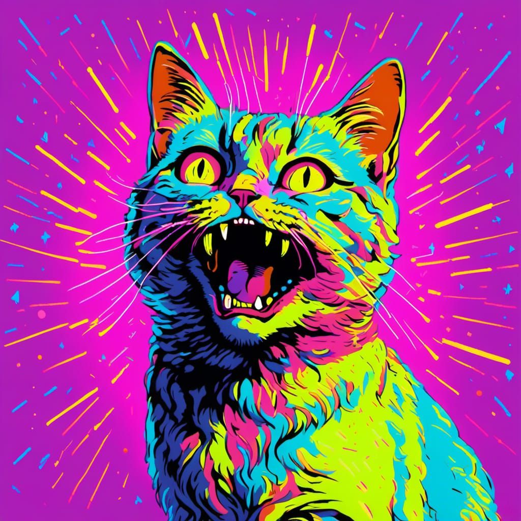 Feisty Cat Battles Apathy in 80s Neon