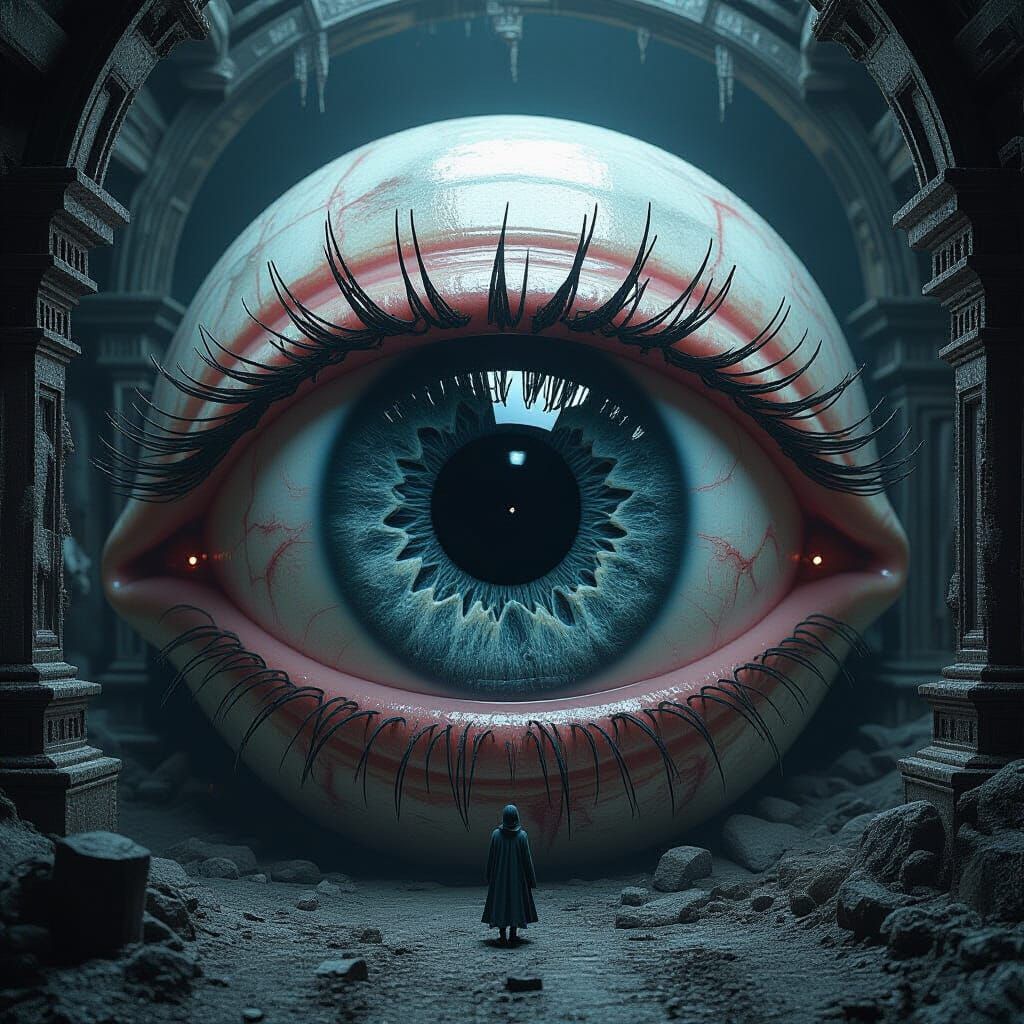 Ginormous Eyeball with Gothic Town: 3D Rendered Biomechanica...