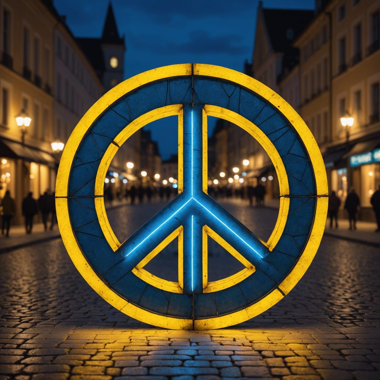 Illuminated Peace Symbol in Town Square