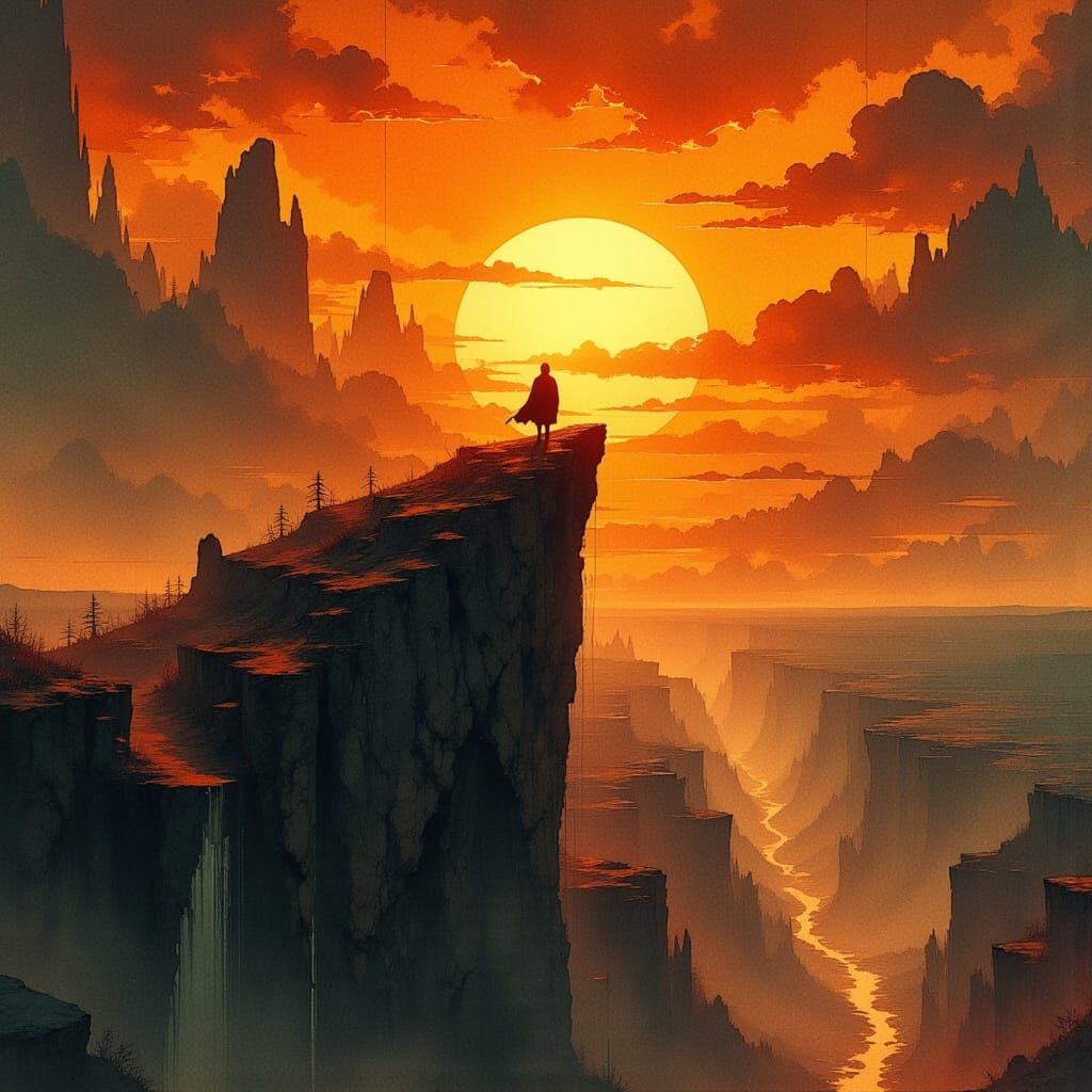 Stoic Figure Silhouetted at Fiery Sunset