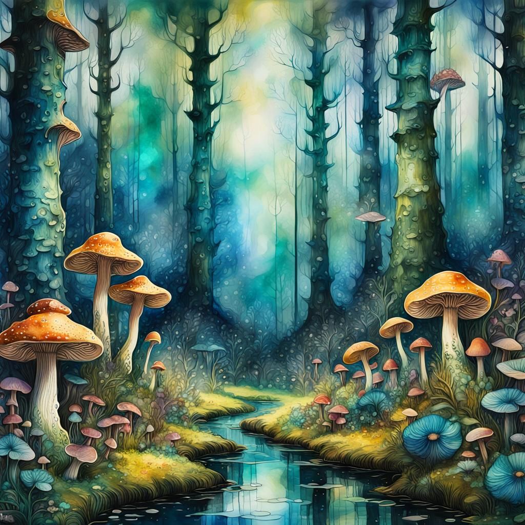 Vibrant Forest with Fantastical Flora in Encaustic Style
