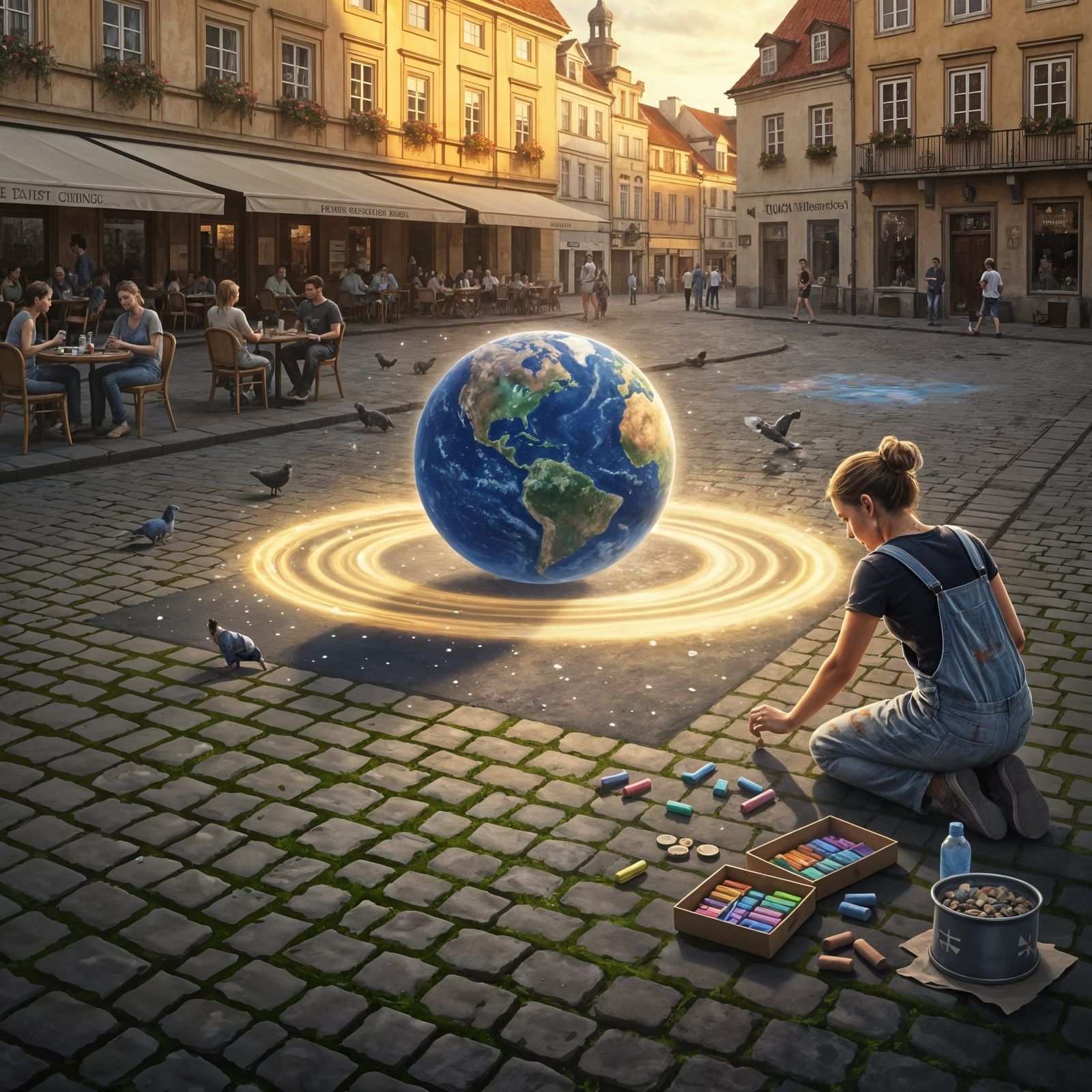 Magical Realism Oil Painting of Street Artist's Cosmic Chalk...