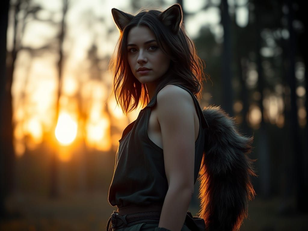 Serene Wolf Goddess Transforms in Forest Clearing