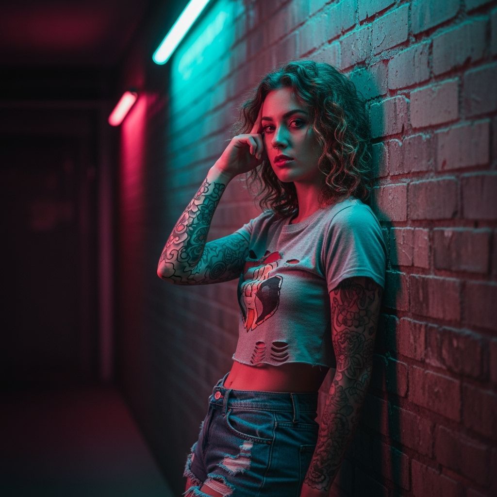 Neon Lit Woman in Corridor, Cinematic Style