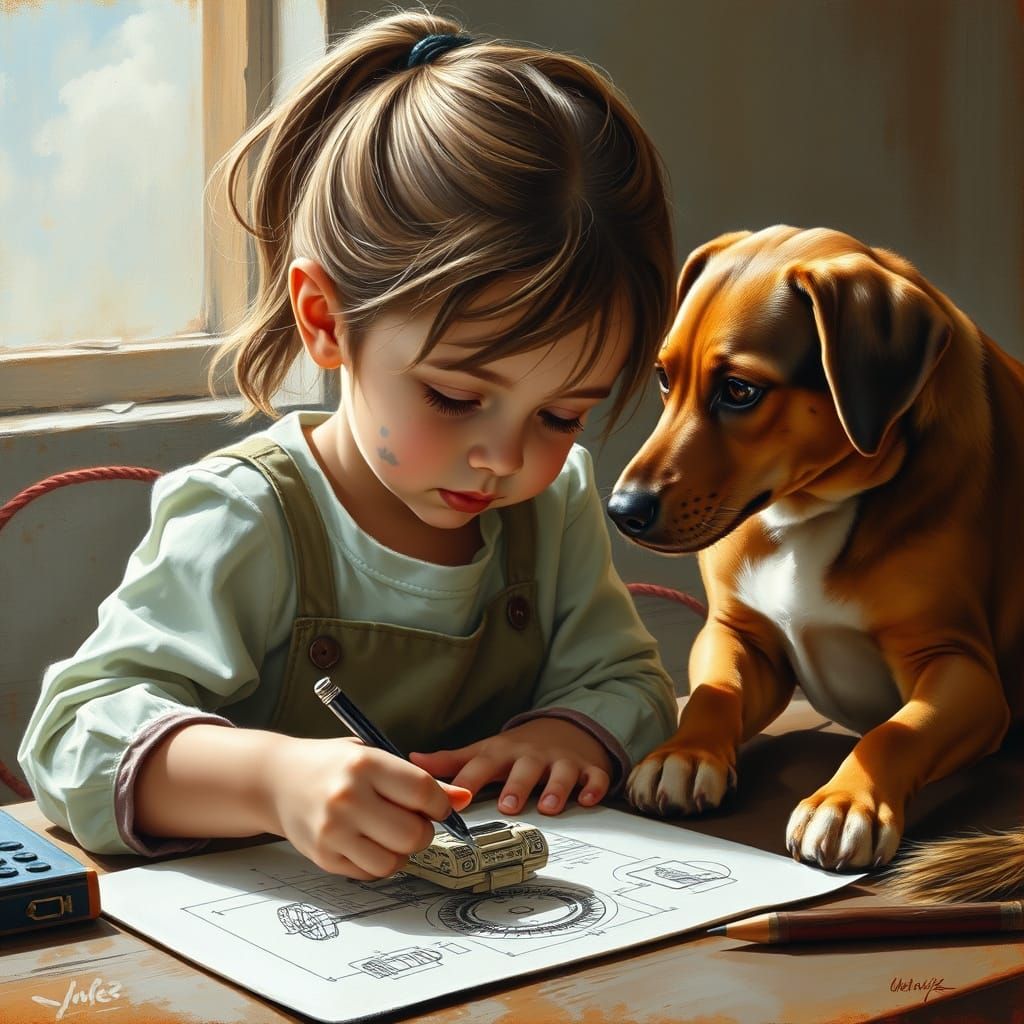 Girl Creates Intricate Machine Drawing with Devoted Dog by H...