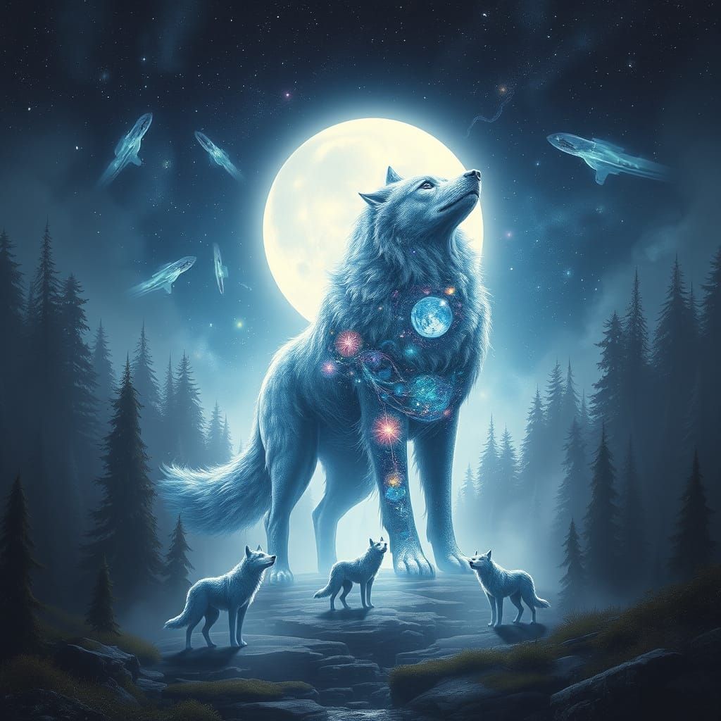 Divine Dog God Reigns Over Ancient Forest in Cosmic Moonligh...