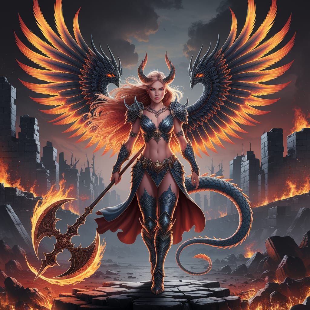 Fierce Phoenix-Dragon Warrior in a Fantasy Landscape